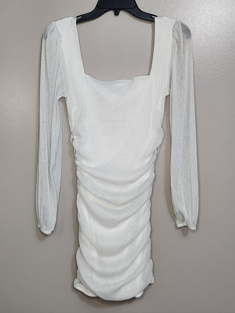 Vine & Valley White Sparkle Ruched Long-Sleeve Mini Dress Size Small